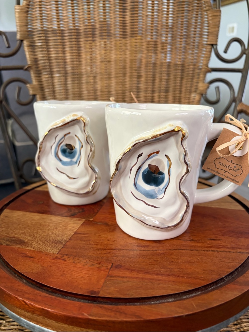 Mud Pie White Ceramic Oyster Accent Mugs - Set of 2 NWT